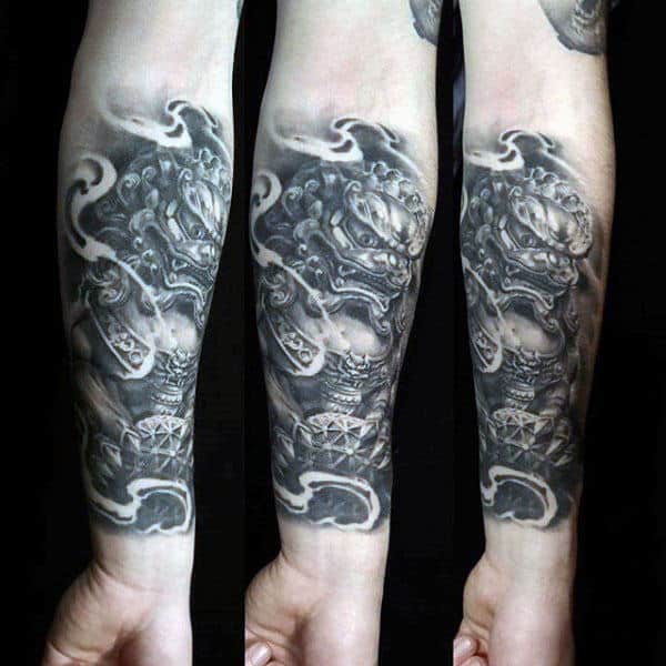 Inner Forearm Shaded Foo Dog Tattoo On Gentleman