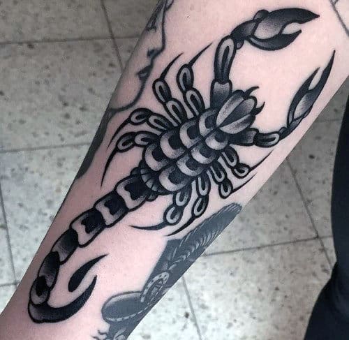 Inner Forearm Shaded Traditional Scorpion Black And Grey Ink Tattoos For Men