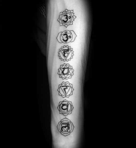 Inner Forearm Simple Chakras Black Ink Male Religious Tattoo Ideas