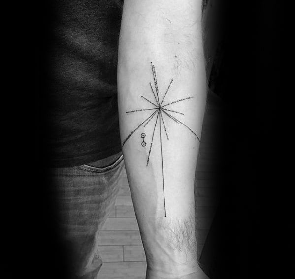 Forearm tattoo of the Pioneer 10 spacecraft plaque featuring a line diagram with a Pulsar Map and small circles