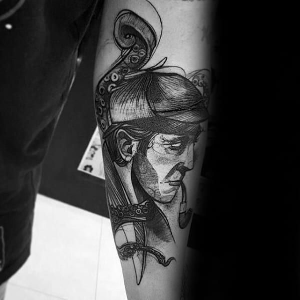 Black and gray tattoo of Sherlock Holmes with a pipe, wrapped in octopus tentacles for a unique design