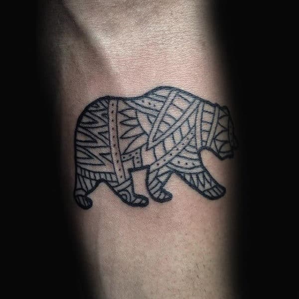 Inner Forearm Small Mens California Bear Tattoo With Black Ink Lines