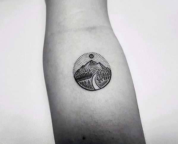 Inner Forearm Small Nature Mountains With Road Dotwork Tattoo For Men