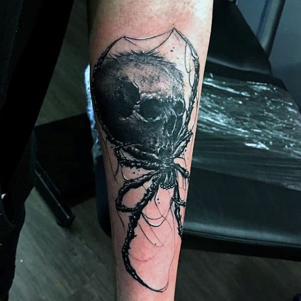 Inner Forearm Spider Web Skull Tattoos For Men