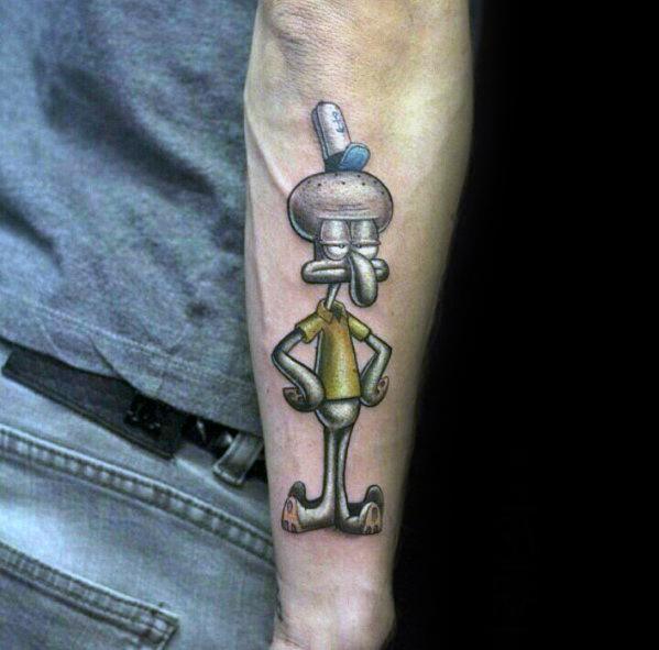 Realistic Squidward tattoo on forearm with arms crossed and a grumpy expression, wearing a Krusty Krab hat.