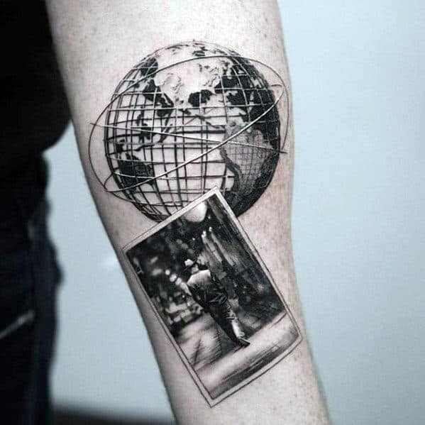 Inner Forearm Sweet Mens Globe Wth Photograph Paper Tattoo