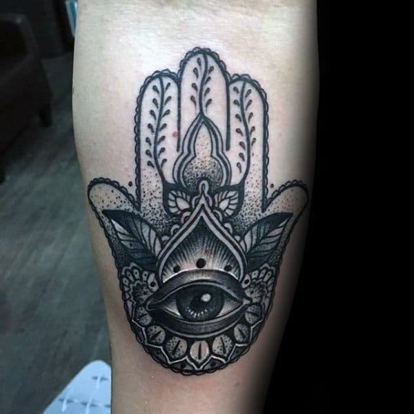 Inner Forearm Tatoo Of Hamsa Hand Mens Shaded Black Grey And White Ink Design Ideas