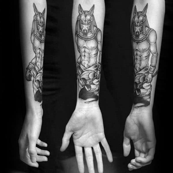 Inner Forearm Tattoo Of Anubis Design On Gentleman