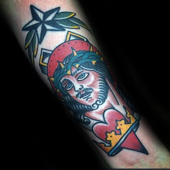 Inner Forearm Traditional Jesus Heart With Crown Tattoo For Men
