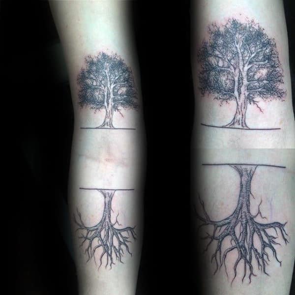 Inner Forearm Two Trees With Roots Mens Tattoo Designs