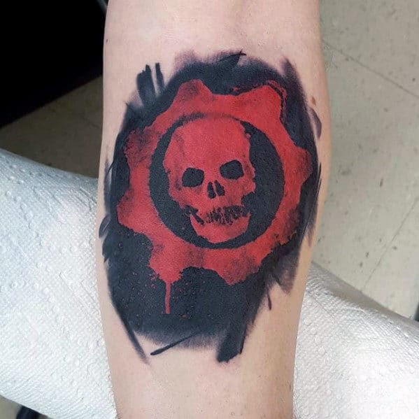 Inner Forearm Watercolor Guys Gears Of War Black And Red Ink Tattoos
