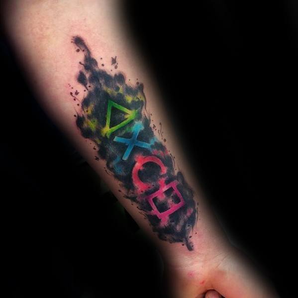 Inner Forearm Watercolor Mens Tattoo Ideas With Playstation Design