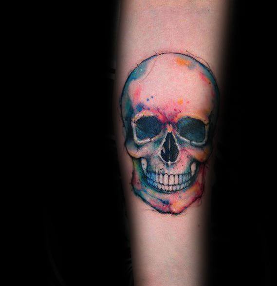 Inner Forearm Watercolor Skull Mens Tattoo Designs