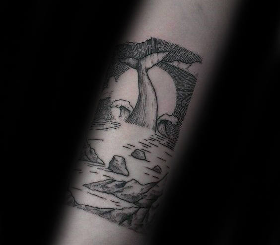 Inner Forearm Whale Diving In Water With Moon Mens Tattoo Designs