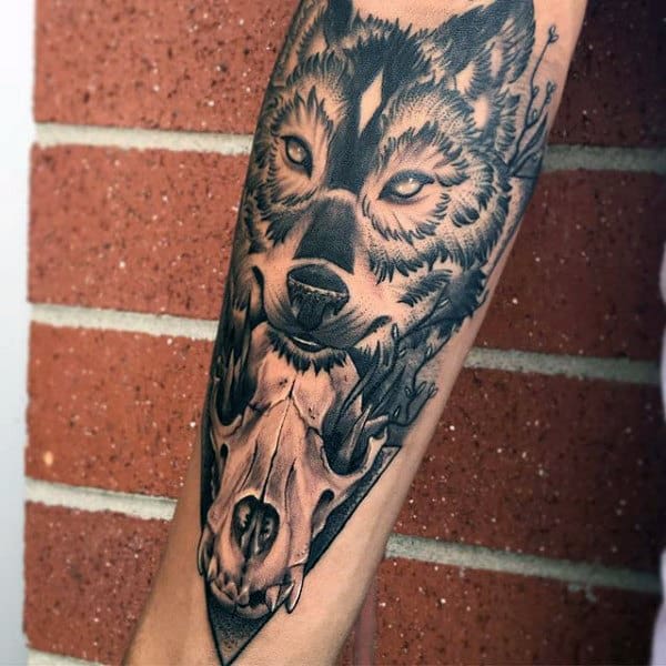 Inner Forearm Wolf Skull Male Tattoo Ideas