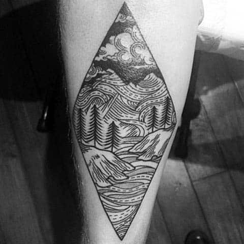 Inner Forearm Woodcut Forest Male Tatoto Ideas
