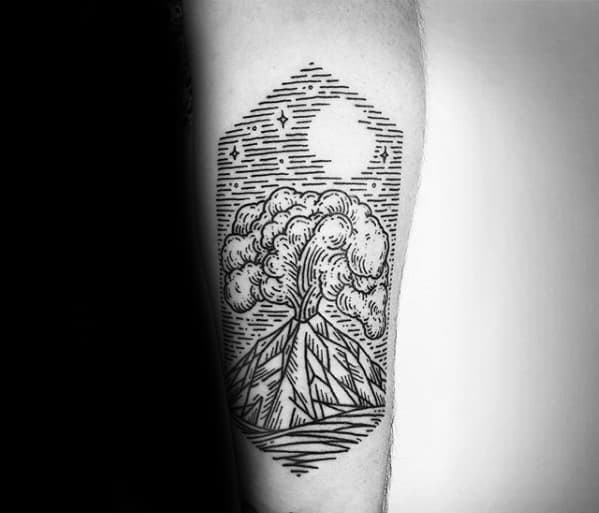 Inner Forearm Woodcut Masculine Volcano Tattoos For Men