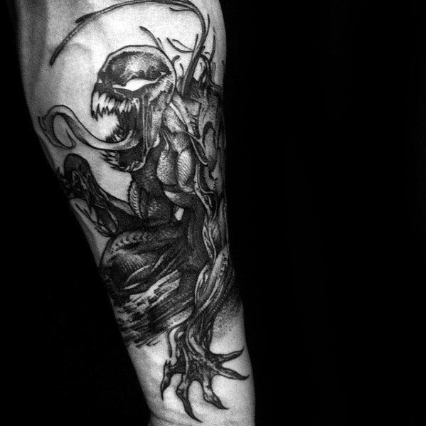 Inner Forearmcarnage Tattoo Design On Man Shaded Black And Grey Ink