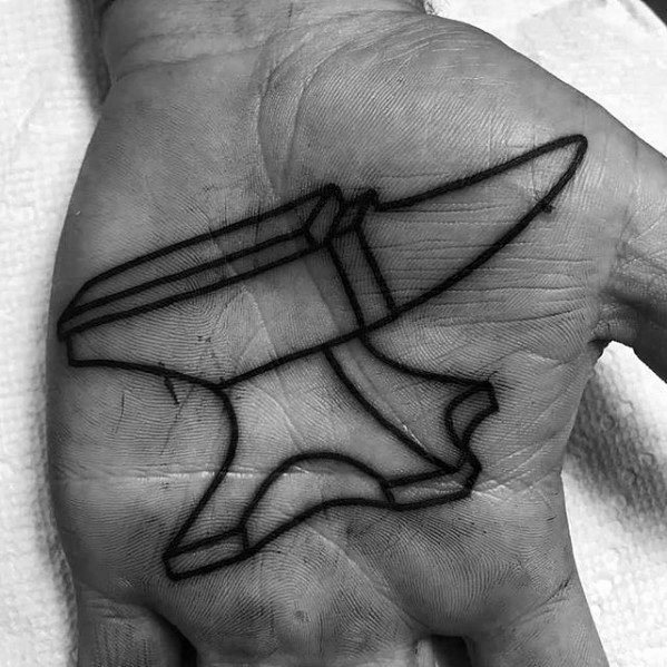 Unique anvil tattoo on the palm with a clean, overlapping black linework design that creates a bold, geometric 3D effect.