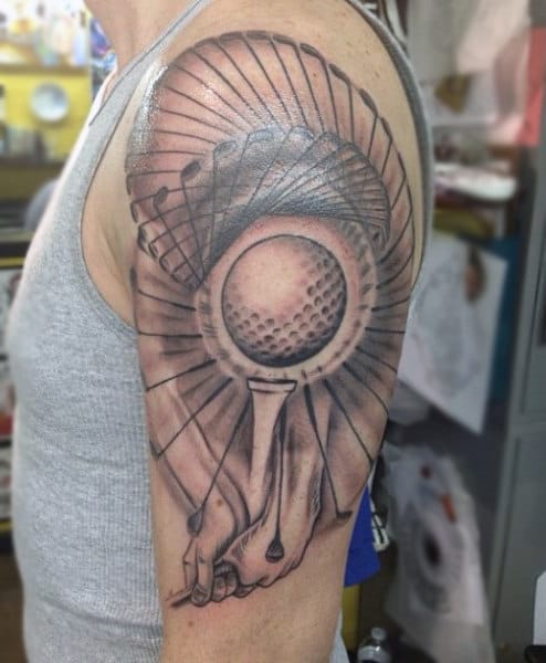 Innovative Design With Golf Ball And Clubs Tattoo Mens Arms