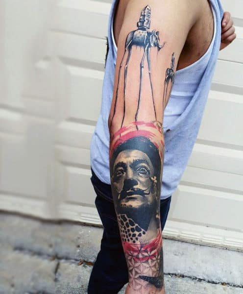Innovative Long Legged Elephant And Mans Face Tattoo On Mens Sleeves