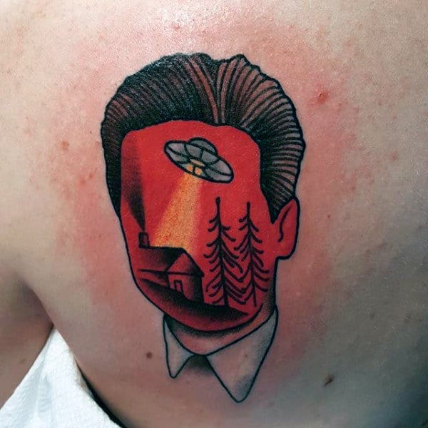 Innovative Ufo Sketched In Red Mans Face Tattoo Guys Back