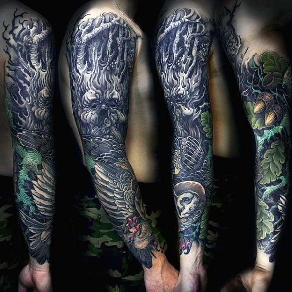 Insane Oak Tree Sleeve Tattoos For Guys