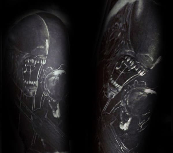 Insane Predator Realistic Mens Dark Black And White Ink Half Sleeve Tattoos