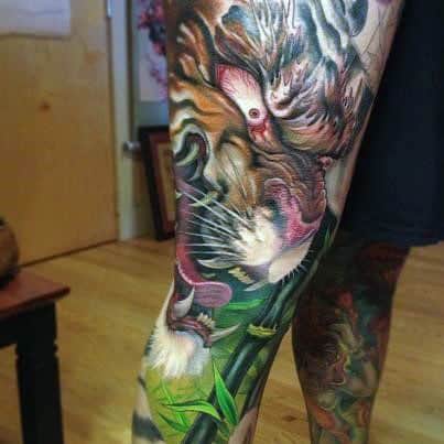 Insane Roaring Tiger Full Leg Sleeve Bamboo Tattoo On Gentleman
