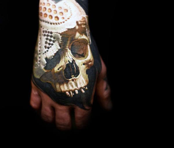 Insane Skull Mens Hand Tattoo With Realistic 3d Design