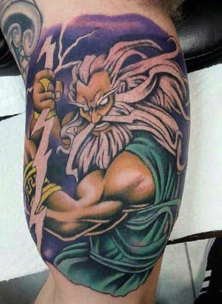 Colorful tattoo of Zeus wielding a lightning bolt, featuring bold shading, dynamic movement, and vibrant blues, purples, and golds
