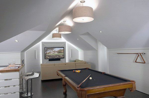 Sleek attic game room with pool table, cozy seating, wall-mounted TV, and modern lighting.