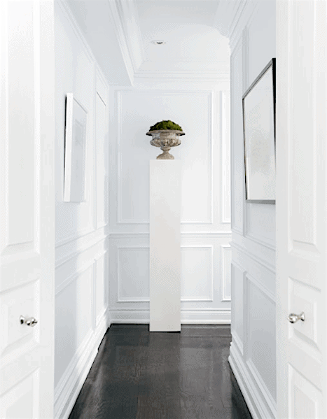 Minimalist hallway with white paneling, dark floor, and a chair rail enhancing a moss-topped decorative pedestal