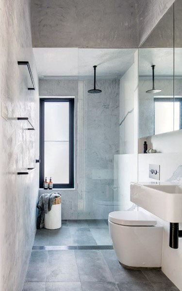 luxury gray tile bathroom walk-in shower white sink and wall toilet