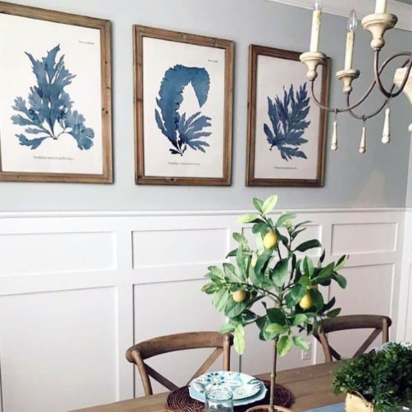 Dining room with framed botanical prints, a chandelier, chair rail accents, and a small lemon tree on the table