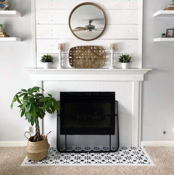 Interior Ideas Painted Fireplace With Blue Pattern Floor