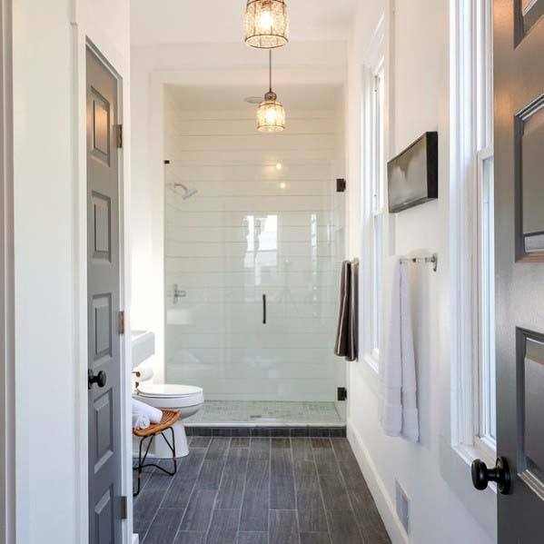 white shiplap shower wall