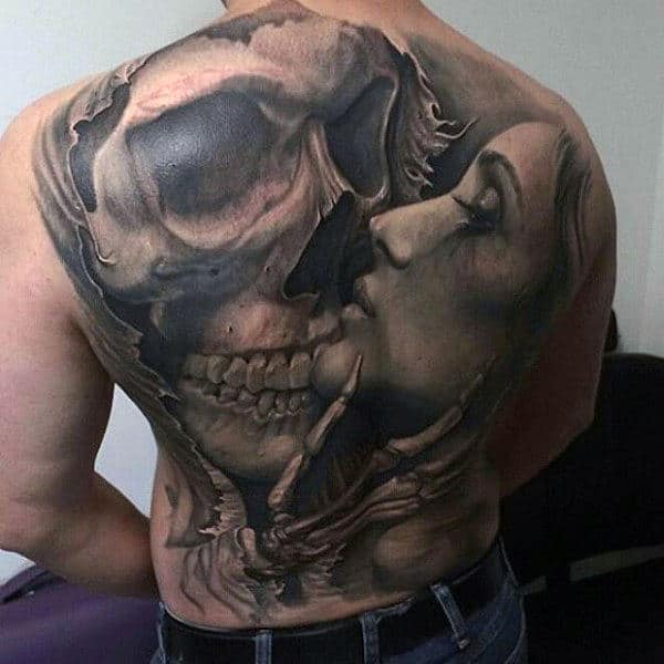 Intimate Encounter Skull And Pretty Woman Tattoo Mens Full Back
