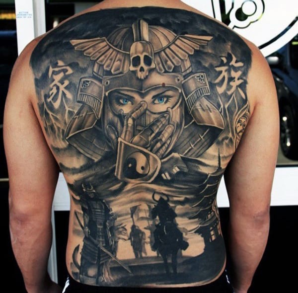 Into The Future Warriors With Tiny Yin Yang Tattoo Male Full Back