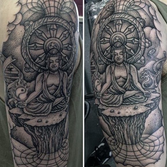 Intricate Black Buddha Pencil Art Tattoo For Men On Back