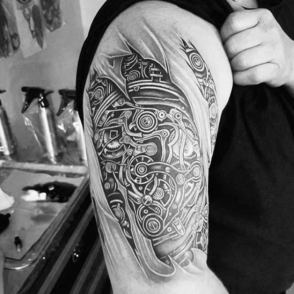 Intricate Black Steampunk Theme Tattoo Mens Arms