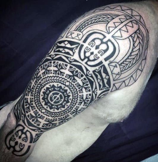 Intricate Mens Black Ink Tribal Half Sleeve Tattoos