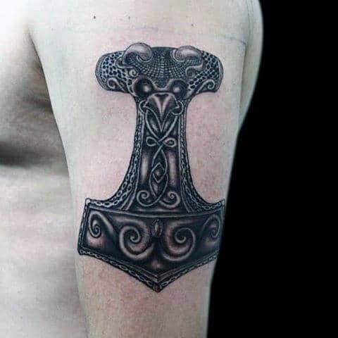 Intricate Mjolnir Male Upper Arm Tattoos
