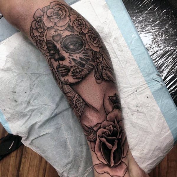 Intriguing Day Of The Dead Woman Tattoo Black Pencil Art Guys Forearms
