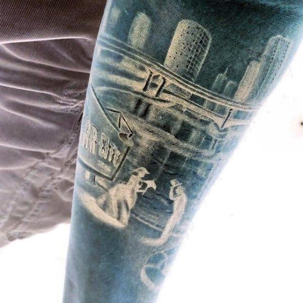 Inverted cityscape tattoo with skyscrapers, overpasses, and two figures near a bar sign, creating a surreal, glowing effect.