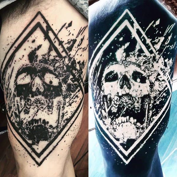 Inverted skull tattoo inside a diamond frame, with splatter effects creating a fragmented, high-contrast look in both versions.
