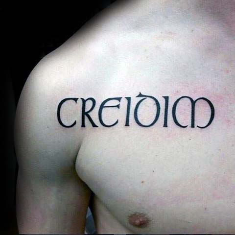 Irish Word Mens Upper Chest Tattoo Design Ideas