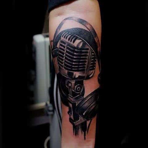 Iron Grey And Black Microphone Tattoo Mens Arms