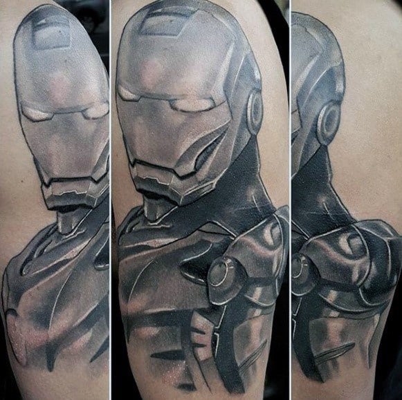 Iron Man tattoo in black and gray, showcasing his helmet and upper body with detailed shading to create a sleek and realistic metallic effect.
