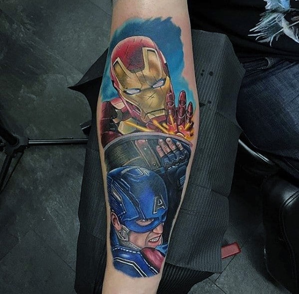Iron Man tattoo featuring an action-packed scene with Iron Man facing off against Captain America, capturing their intense rivalry in vibrant colors and dynamic detail.